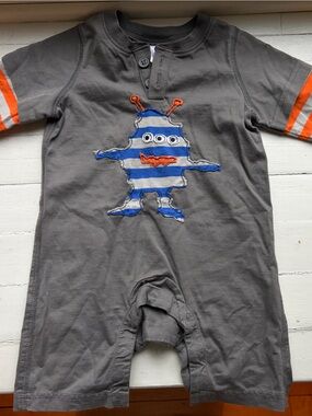 Gray Toddler Romper with Striped Monster Applique